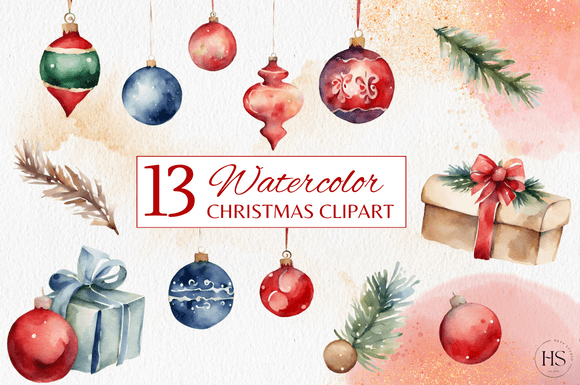 13 Watercolor Christmas Clipart Set for Illustrations