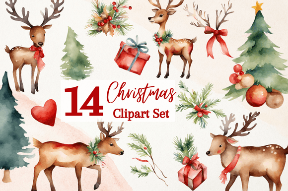 14 Watercolor Christmas Reindeer Clipart for Illustrations