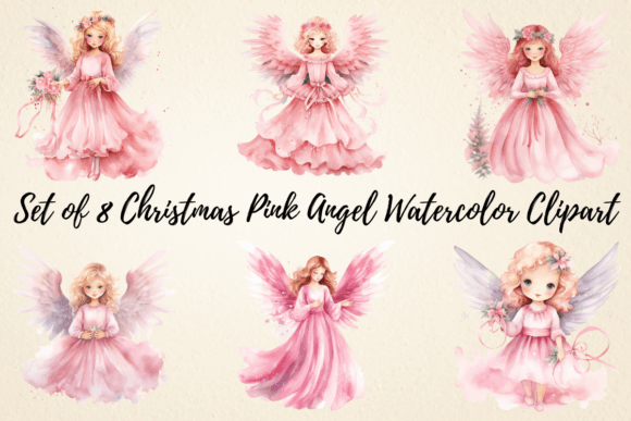 Christmas Pink Angel Watercolor Clipart for Illustrations
