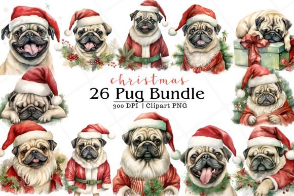 Christmas Pug Dog Watercolor Clipart for Illustrations