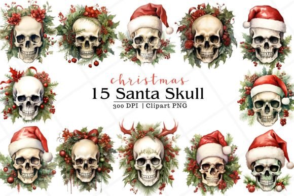 Christmas Skull Watercolor Clipart for Modern Illustrations