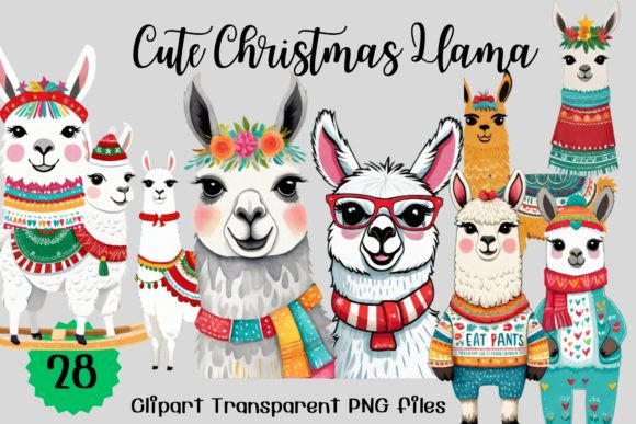 Cute Christmas Llama Watercolor Clipart for Seasonal Illustrations
