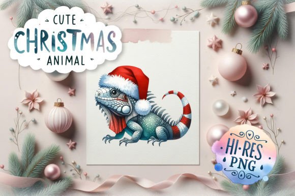 Iguana with Christmas Hat - Watercolor Illustrations