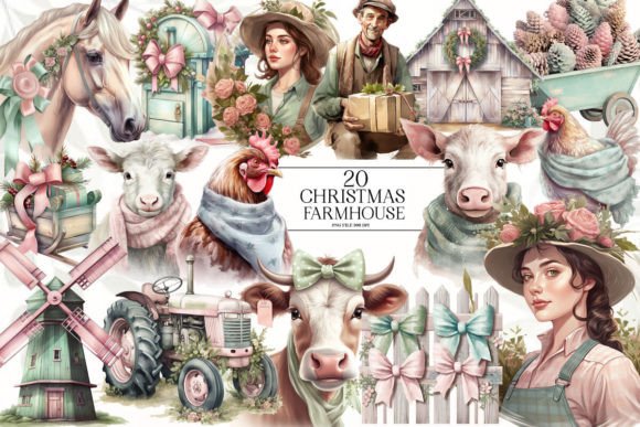 Pastel Christmas Farmhouse Clipart for Creative Illustrations