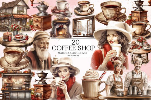 Vintage Christmas Coffee Shop Clipart for Brand Illustrations