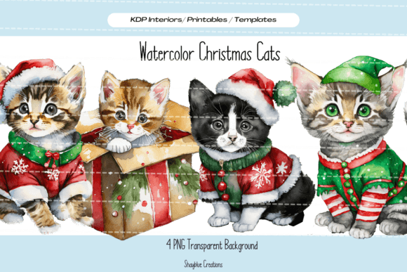 Watercolor Christmas Cats Kitten PNG for Branding and Illustrations