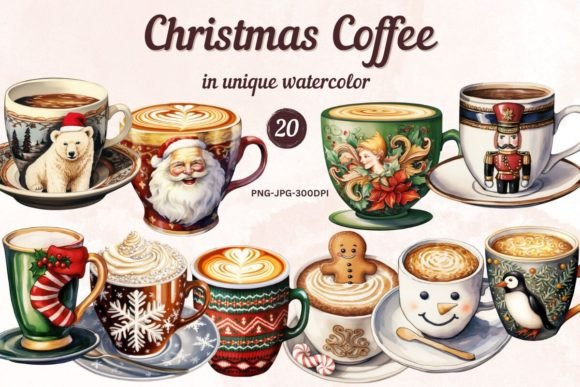 Watercolor Christmas Coffee Cup Clipart in Illustrations