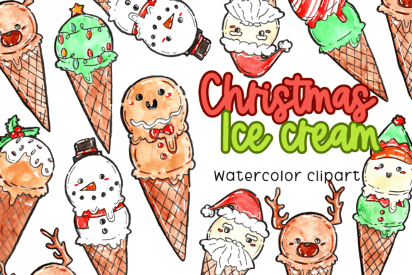 Watercolor Christmas Ice Cream Clipart