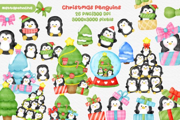 Watercolor Christmas Penguins Clipart for Illustrations