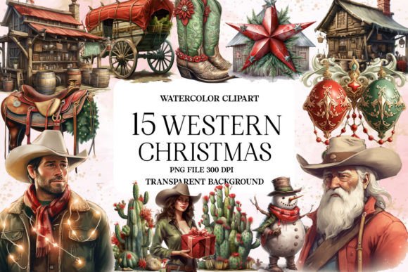 Western Christmas Watercolor Clipart for Illustrations